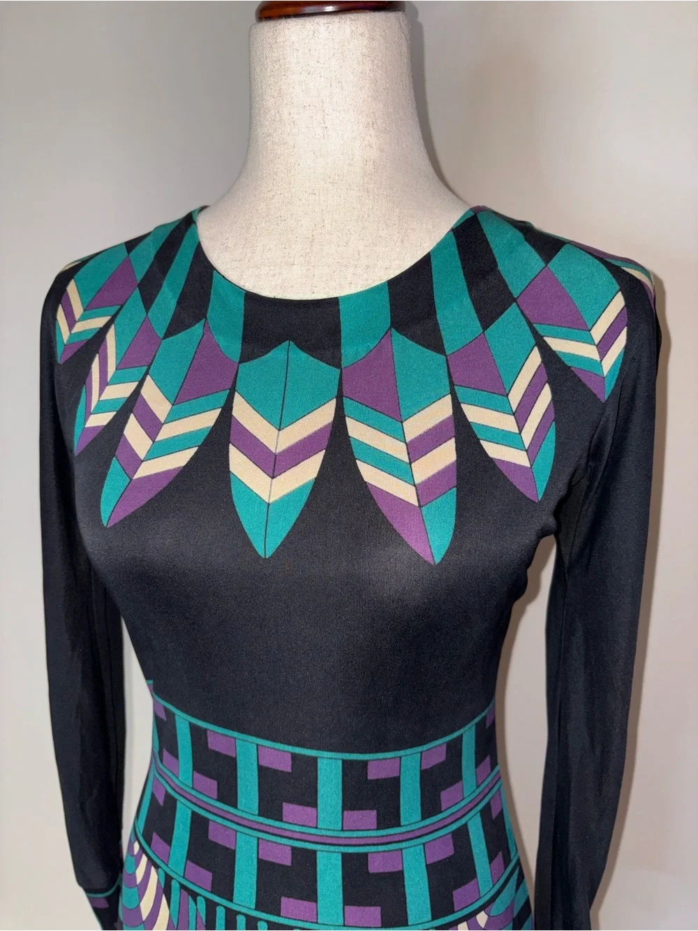 Tory Burch Art Deco Print Long-Sleeve 100% Silk Knit Dress Size XS